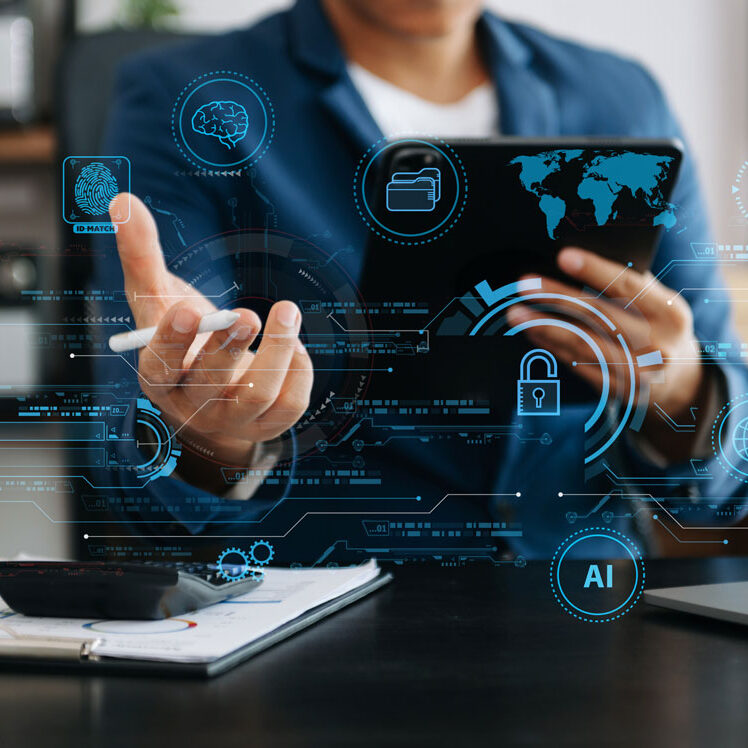 Man holding out hand with tech images in foreground